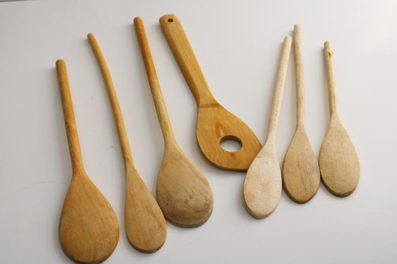 lot of wooden spoons, old wood spoon collection, rustic vintage kitchen ware