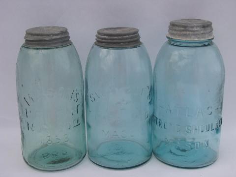 lot old antique aqua blue glass 2 qt mason jars w/ lids, vintage 1858 patent