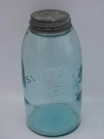 lot old antique aqua blue glass 2 qt mason jars w/ lids, vintage 1858 patent