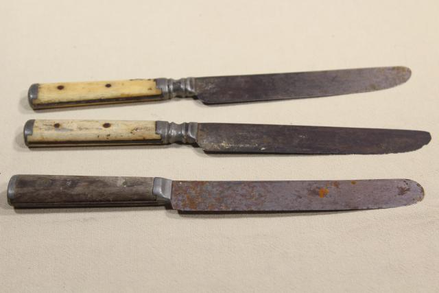 lot old antique bone & wood handled steel forks & knives, Civil War vintage flatware
