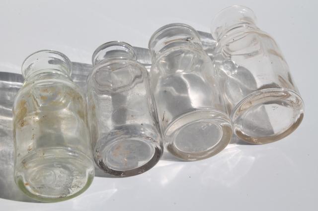 lot old antique glass food jars, condiment bottles, vintage spice jars