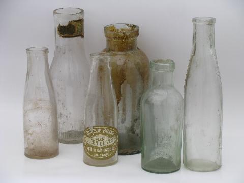 lot old antique glass jars, vintage condiment, olive and pickle bottles