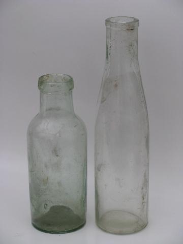 lot old antique glass jars, vintage condiment, olive and pickle bottles