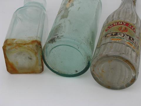 lot old antique glass jars, vintage condiment, olive or pickle bottles