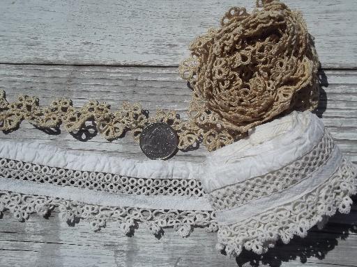 lot old antique vintage tatted lace sewing trims, edgings, insertions