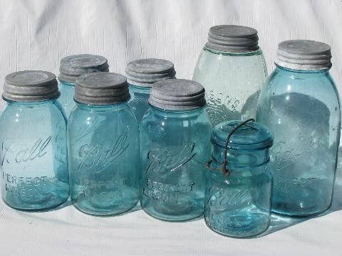 lot old aqua blue green fruit canning jars, vintage primitive kitchen canisters