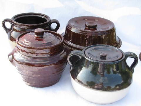 lot old crock jar bean pot bakers, vintage stoneware pottery kitchen crockery
