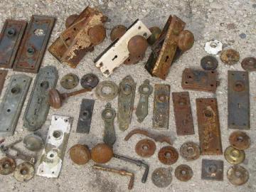 lot old door hardware, vintage antique locks, doorknobs, escutcheon face plates