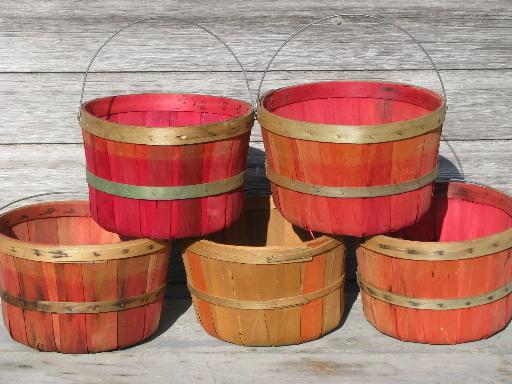 lot old farmer's market wood baskets for orchard or farm garden produce
