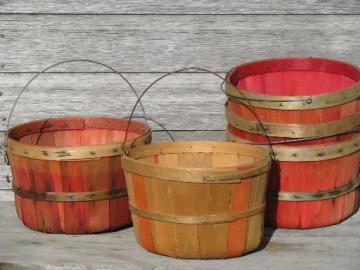lot old farmer's market wood baskets for orchard or farm garden produce