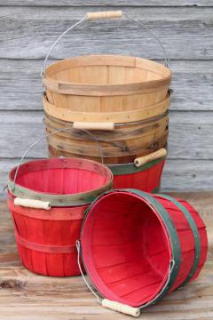 lot old farmer's market wood baskets for orchard or farm garden stand produce, shop displays 
