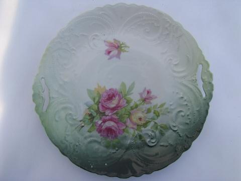 lot old painted china handled plates w/ roses, antique vintage Bavaria, Germany