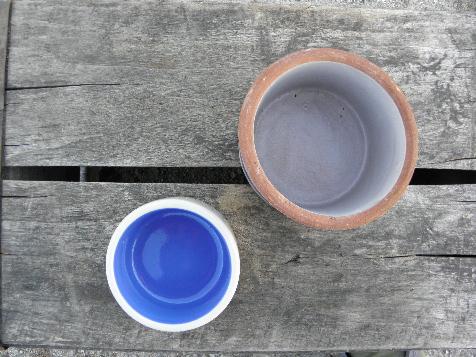 lot old stoneware butter tub crocks, vintage blue band pottery
