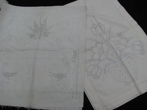 lot old vintage antique linens stamped to embroider, linen towels etc. for needlework
