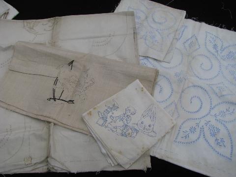 lot old vintage antique linens stamped to embroider, linen towels etc. for needlework