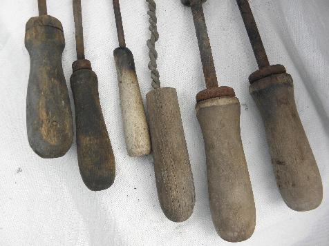 lot primitive old farm work shop tools, antique soldering irons w/ wood handles