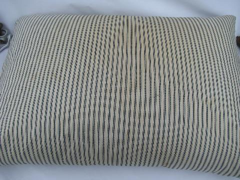 lot primitive old feather pillows, vintage blue stripe ticking