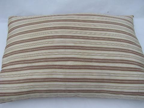 lot primitive old feather pillows, vintage brown and blue stripe ticking