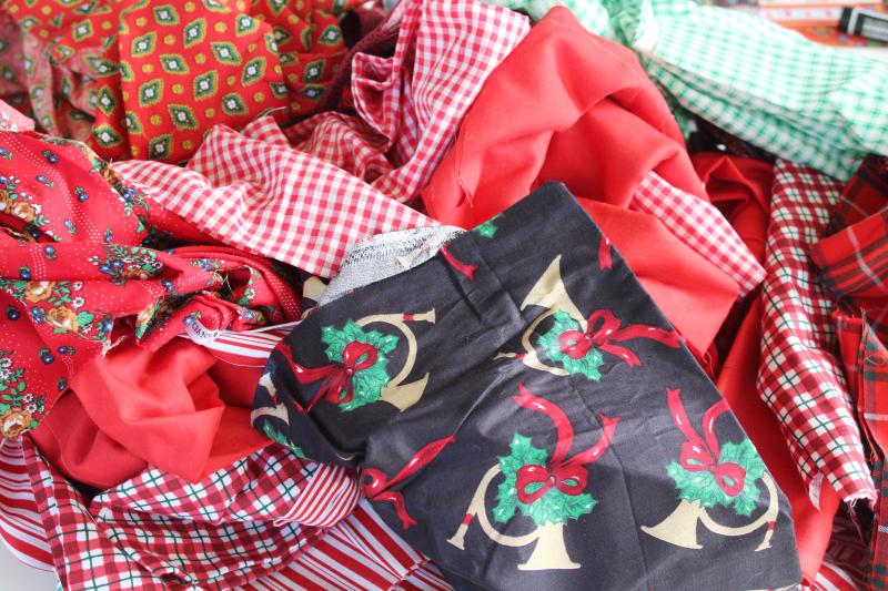 lot scrap fabric remnants cotton prints holiday Christmas red & green for quilting, crafts