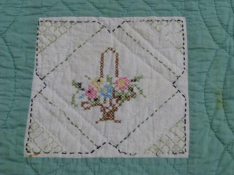 lot shabby old antique vintage quilts, patchwork, embroidery, applique