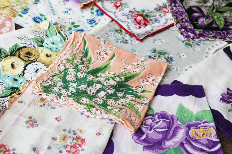 lot shabby vintage hankies w/ flower prints, upcycle project craft decor printed cotton handkerchiefs