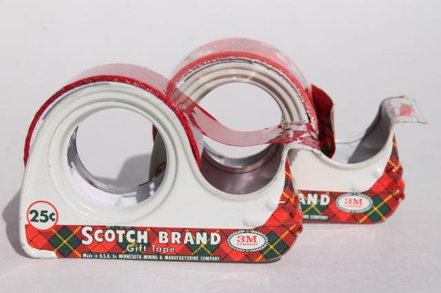 lot vintage Christmas print gift wrap tapes in mid-century Scotch plaid tape dispensers