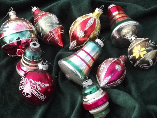 lot vintage Christmas tree ornaments, old mercury glass balls in boxes