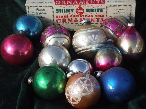 lot vintage Christmas tree ornaments, old mercury glass balls in boxes