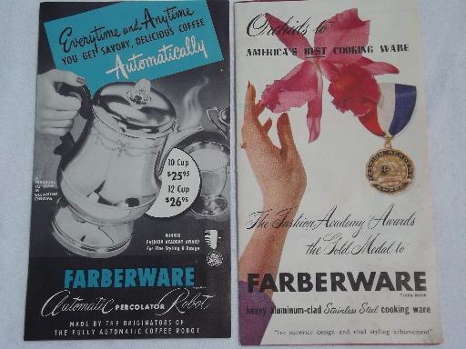 lot vintage Farberware advertising, cookbook, etc. for cookware, coffee pot