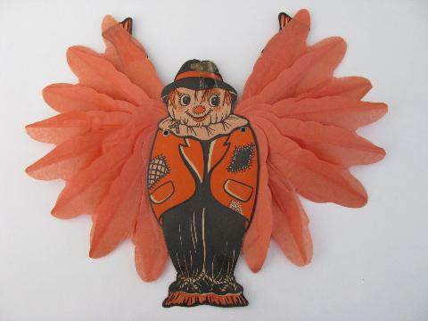 lot vintage Halloween paper decorations, scarecrow and owl