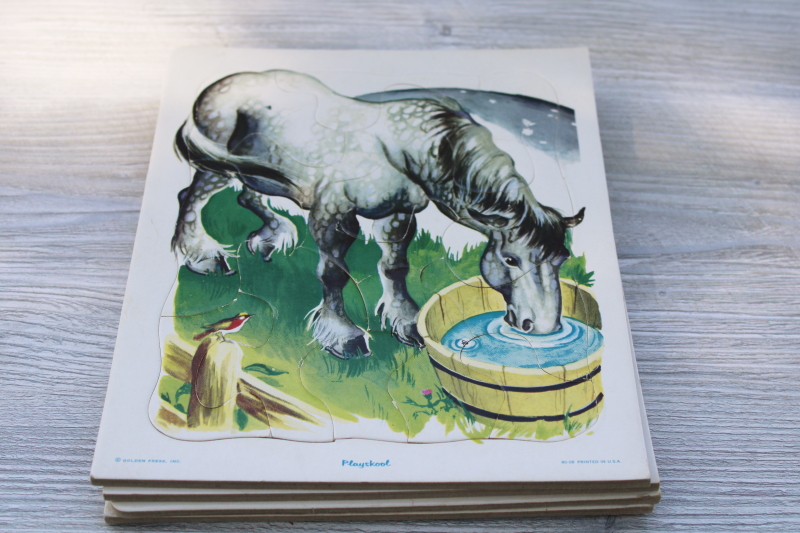 lot vintage Playskool cardboard tray frame puzzles, jigsaw puzzles w/ Golden Press illustrations
