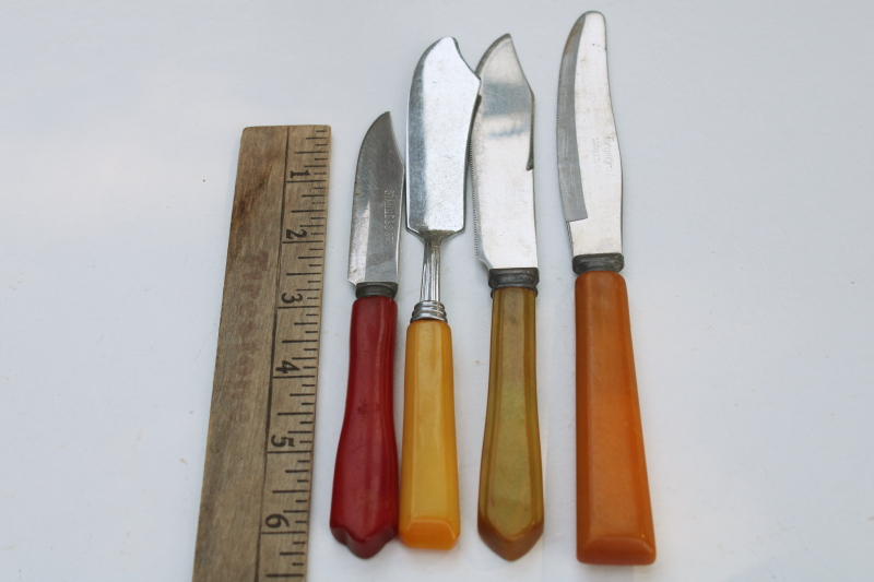lot vintage bakelite handled kitchen utensils, assorted knives w/ colorful catalin handles