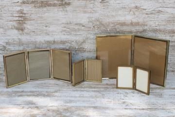 lot vintage brass gold metal picture frames, tri fold triple  double frames for desk photos