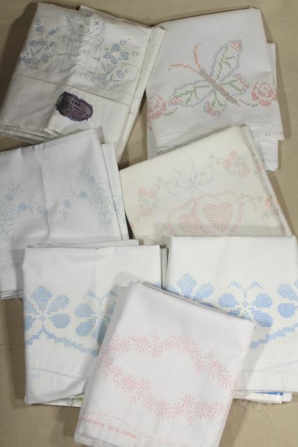 lot vintage cotton & blend pillowcases for embroidery, stamped to embroider