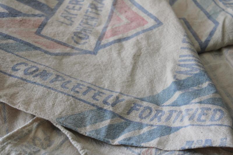 lot vintage cotton feed sacks, chicken mash grain bags w/ faded blue & red print advertising