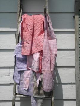 lot vintage cotton gingham checked aprons, kitchen pinafore smock