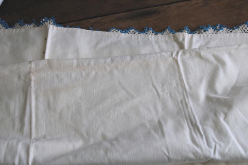 lot vintage cotton pillowcases w/ fancywork embroidery & crochet lace edging