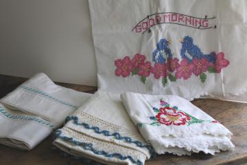 lot vintage cotton pillowcases w/ fancywork embroidery & crochet lace edging