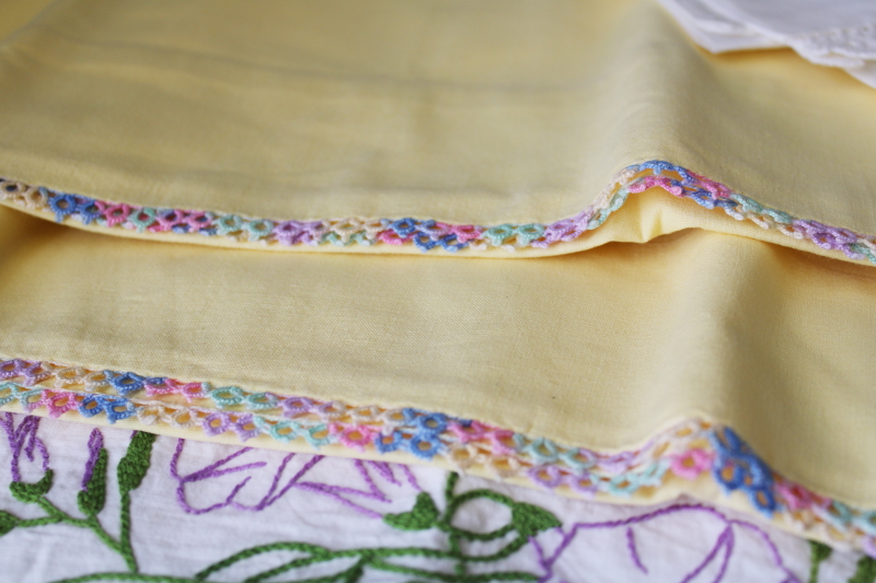 lot vintage cotton pillowcases w/ fancywork embroidery crochet lace edging