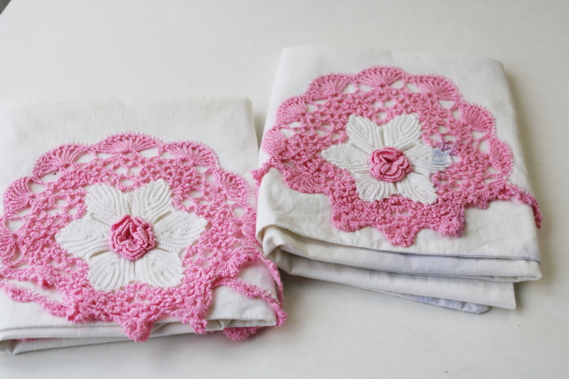 lot vintage cotton pillowcases w/ fancywork embroidery  crochet lace edging