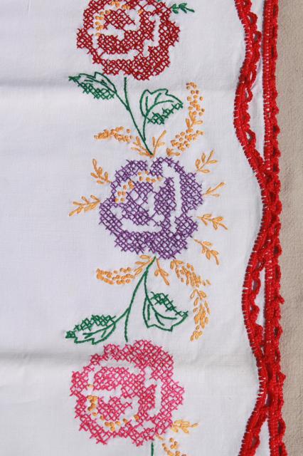 lot vintage cotton pillowcases, fancywork linens w/ crochet lace & embroidery
