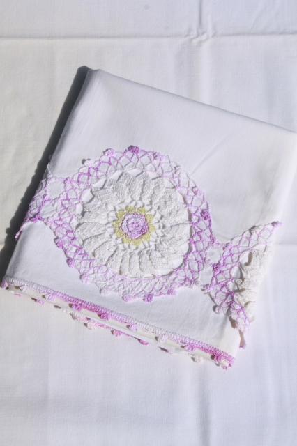 lot vintage cotton pillowcases, fancywork linens w/ crochet lace & embroidery