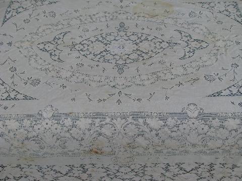 lot vintage cotton quaker lace type tablecloths, piano cover, lacy cutter fabric