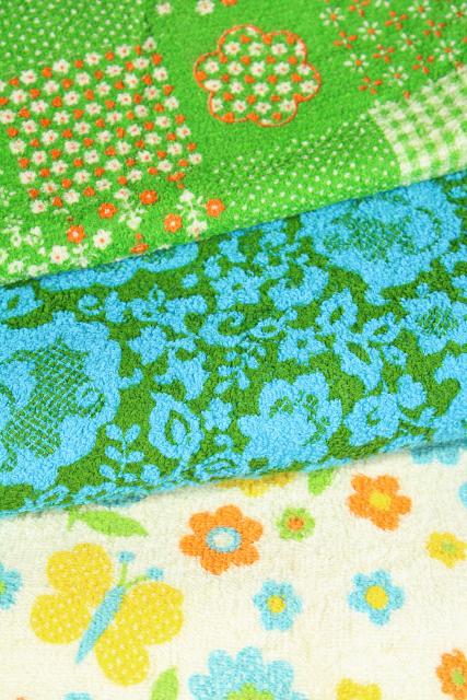 lot vintage cotton terry fabric, terrycloth toweling w/ groovy retro prints