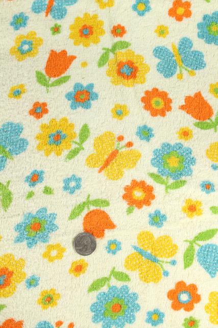 lot vintage cotton terry fabric, terrycloth toweling w/ groovy retro prints