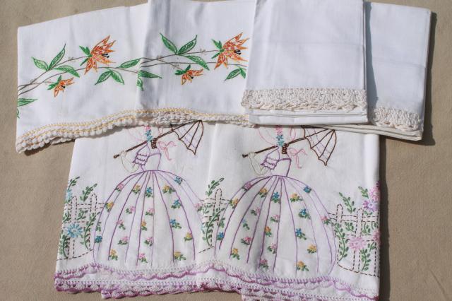 lot vintage fancywork pillowcases w/ embroidered flower garden lady, crochet lace edging