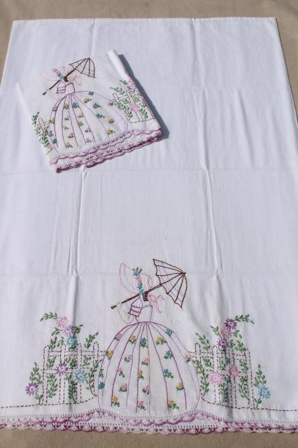 lot vintage fancywork pillowcases w/ embroidered flower garden lady, crochet lace edging