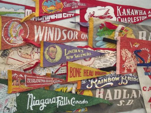 lot vintage felt pennants, 40s 50s 60s travel / camp souvenirs
