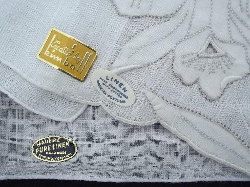 lot vintage fine cotton and linen whitework handkerchiefs, Swiss, Madeira hankies etc.