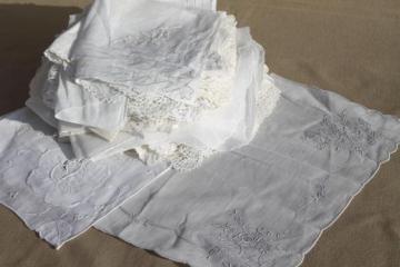 lot vintage fine cotton & linen white work handkerchiefs, Swiss, Madeira hankies etc.